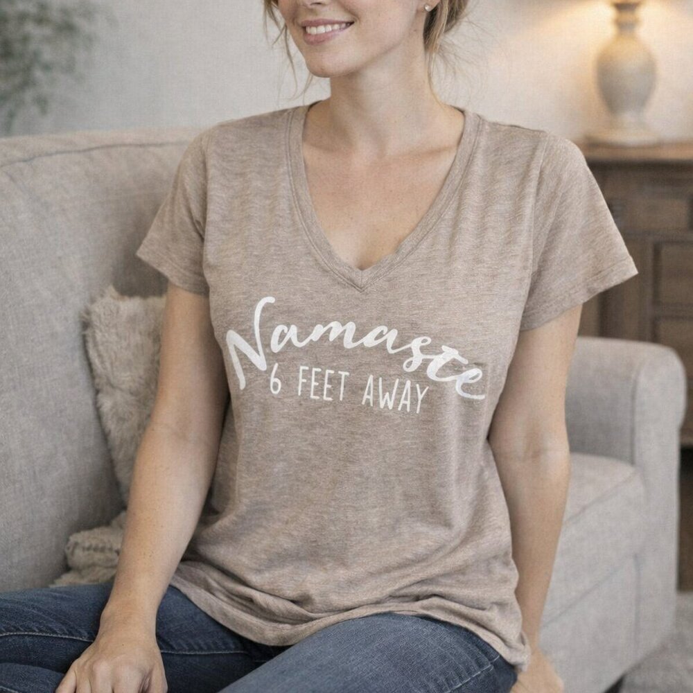 “Namaste 6 feet away” graphic tan tshirt, Ricki’s size XL